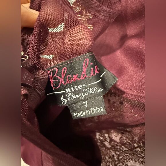 Blondie Nites Burgundy Formal Gown Beaded Halter Side Slit Open Back Dress - Picture 9 of 9